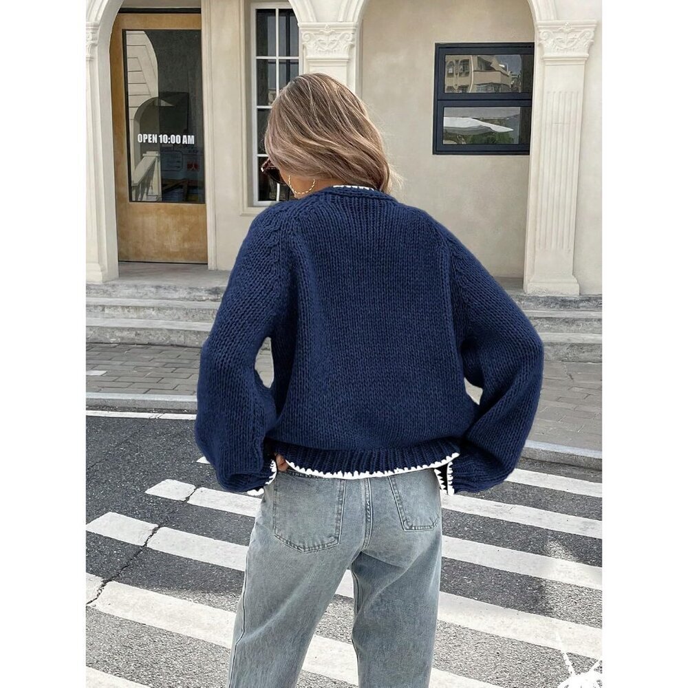 Women's Long Sleeve Knit Cardigan V Neck Tie Front Puff Fall Winter Casual - Picture 5 of 7